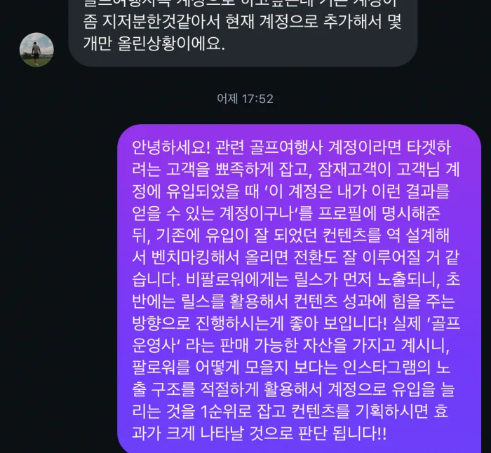 DM 피드백. 골프 여행사 계정에 타깃과 프로필, 벤치마킹 방향을 잡아 준 답변