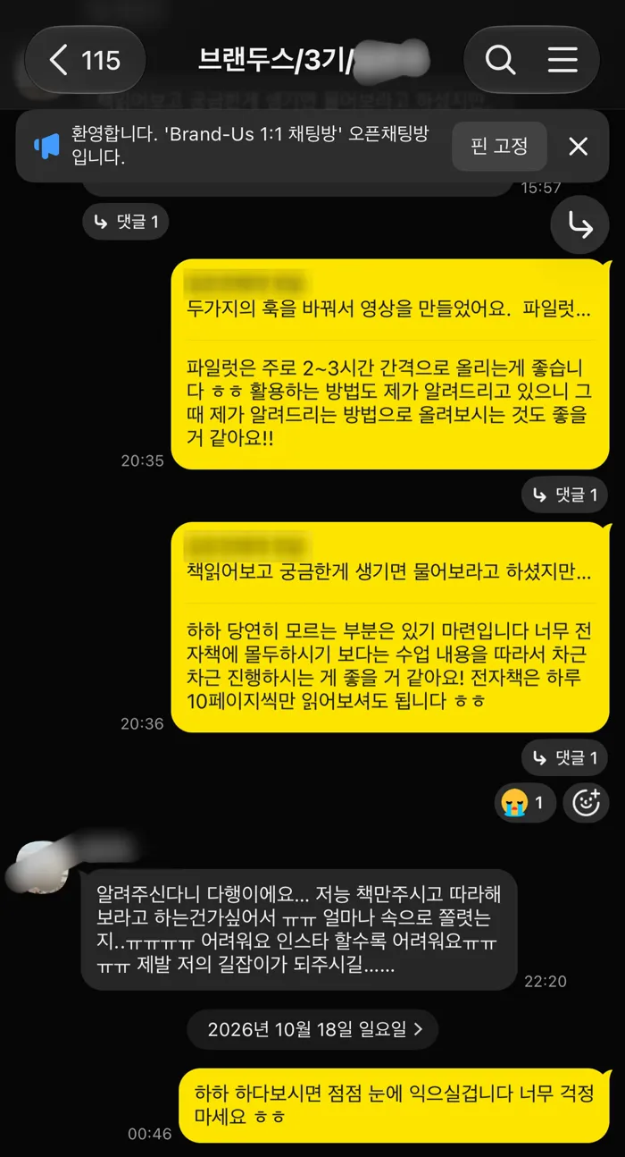 3기 1:1 카톡방. 파일럿 릴스는 2~3시간 간격으로 올리고, 전자책은 하루 10페이지씩 수업 내용에 맞춰 읽으면 된다는 답변