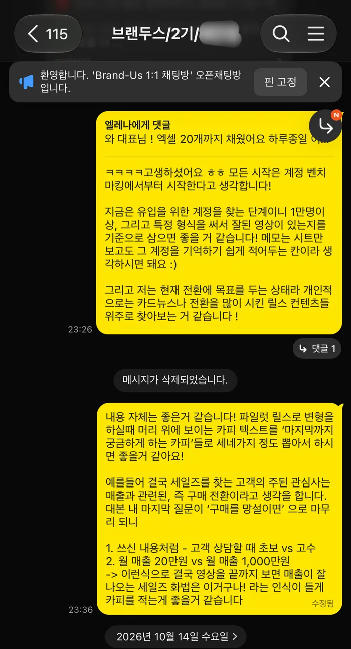 2기 1:1 카톡방. 벤치마킹 계정은 팔로워 1만 명 이상, 특정 형식으로 잘된 영상이 있는지를 기준으로 고르고, 파일럿 릴스 카피는 끝까지 궁금하게 만들자는 답변