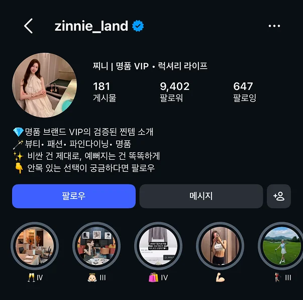 브랜두스 수강생 찌니(zinnie_land) 인스타그램 프로필. 명품 VIP · 럭셔리 라이프 계정, 게시물 181개, 팔로워 9,402명